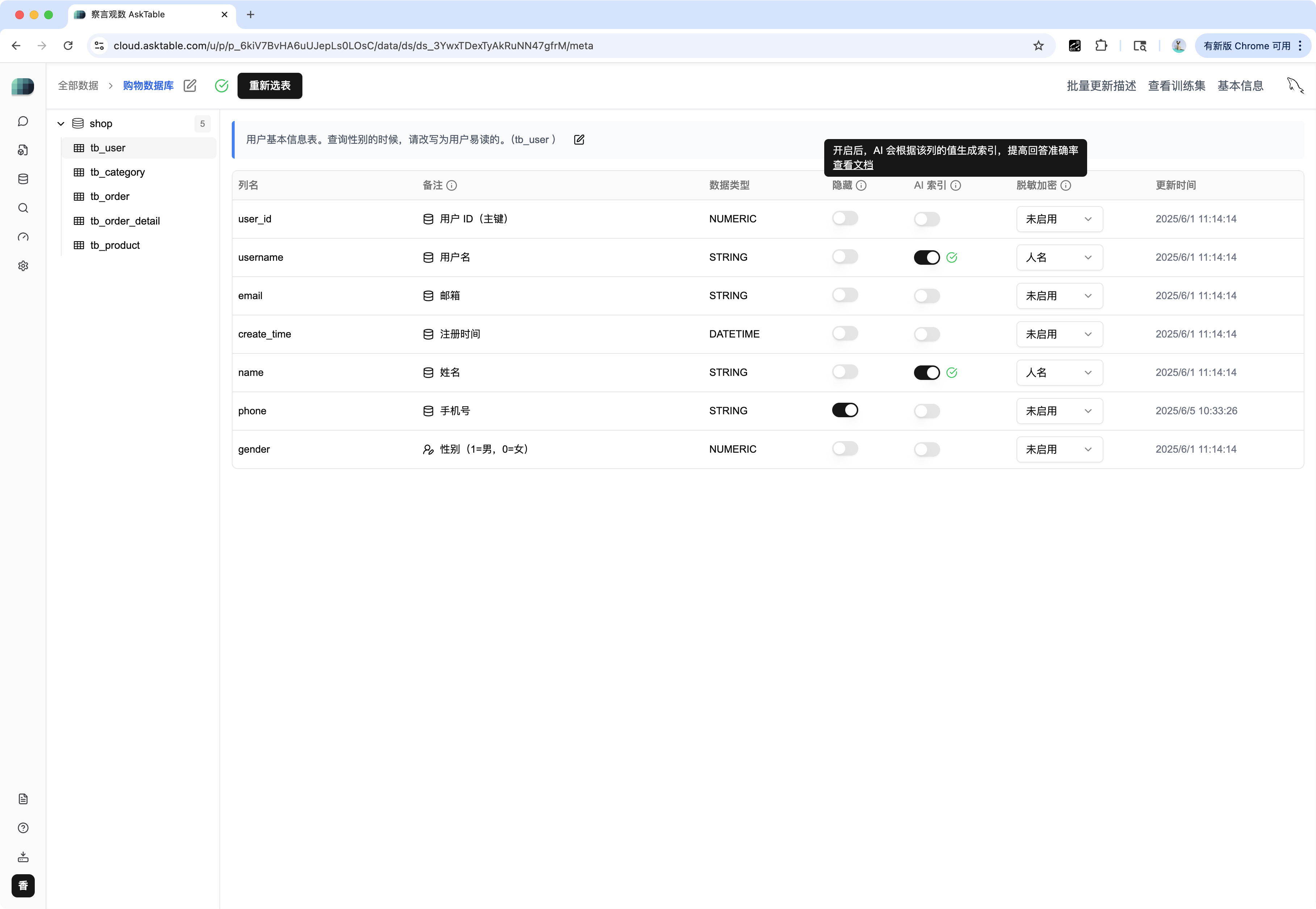 字段管理界面 - AI 索引